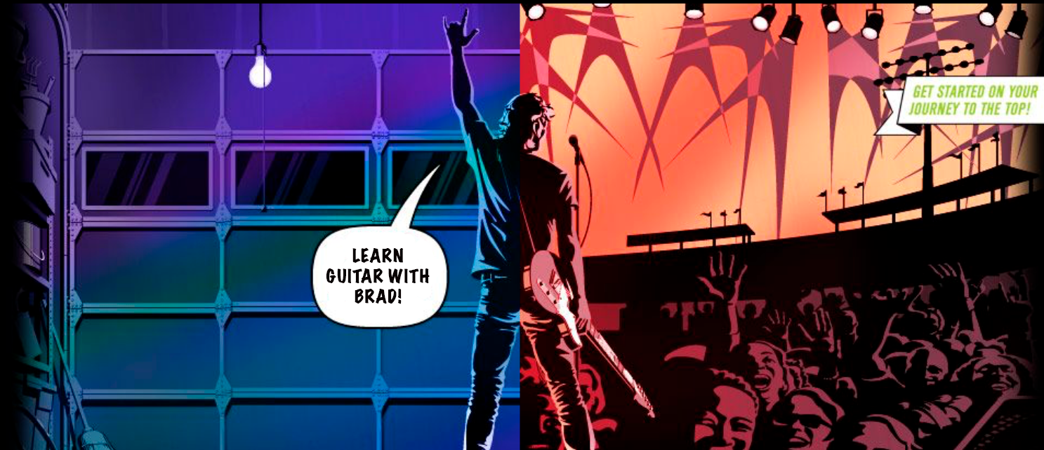 comic book style graphic of guy standing between his garage and a stadium full of fans